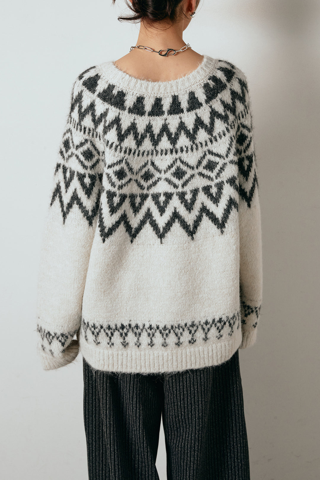 [SET]ノルディック柄Uネックプルオーバー+レザーライク配色ストライプパンツ(2set)