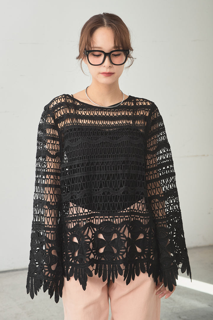 裾デザインメッシュプルオーバー