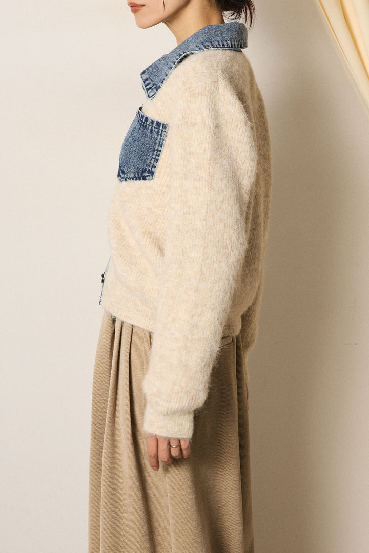 [SET]襟付きデニム切替ニットカーディガン+裏起毛スウェットワイドパンツ(2set)