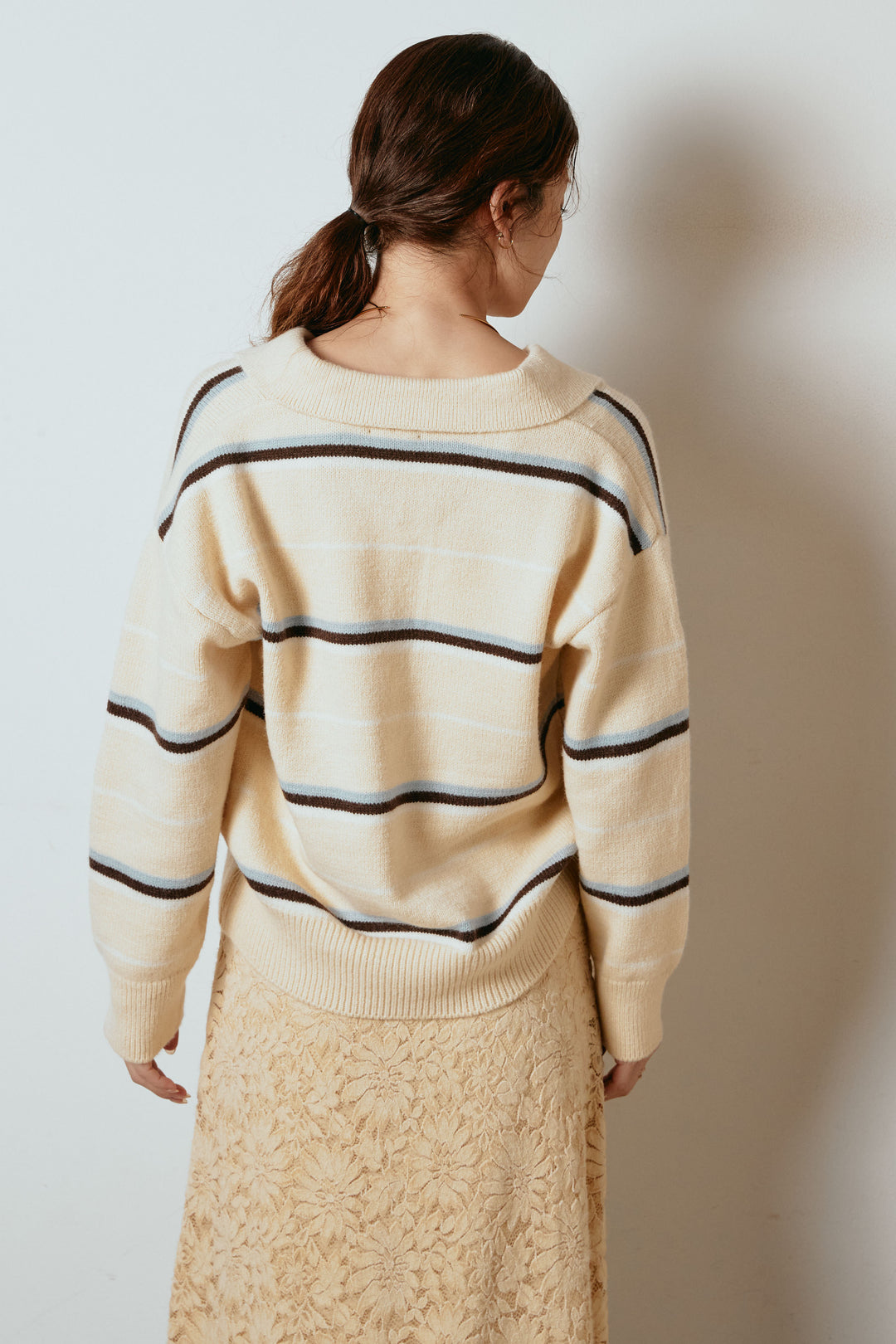 [SET]襟付きマルチボーダーニットポロトップス+花柄刺繍ベロアフレアスカート(2set)