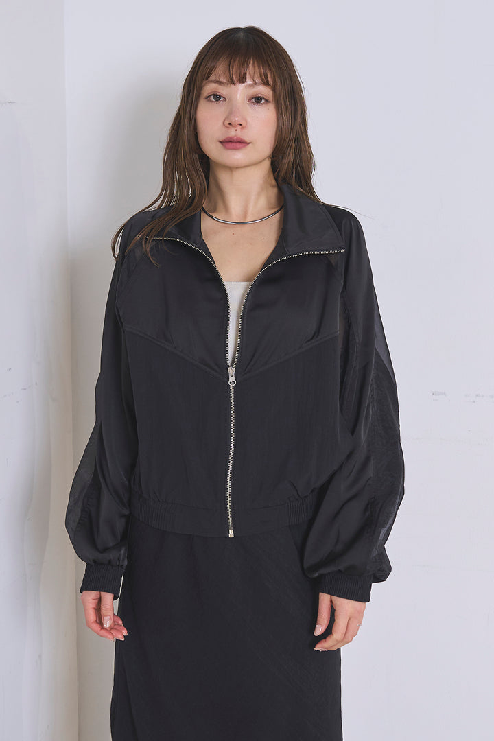 [SET]異素材切替ZIPブルゾン+リネンブレンドロングナロースカート(2set)