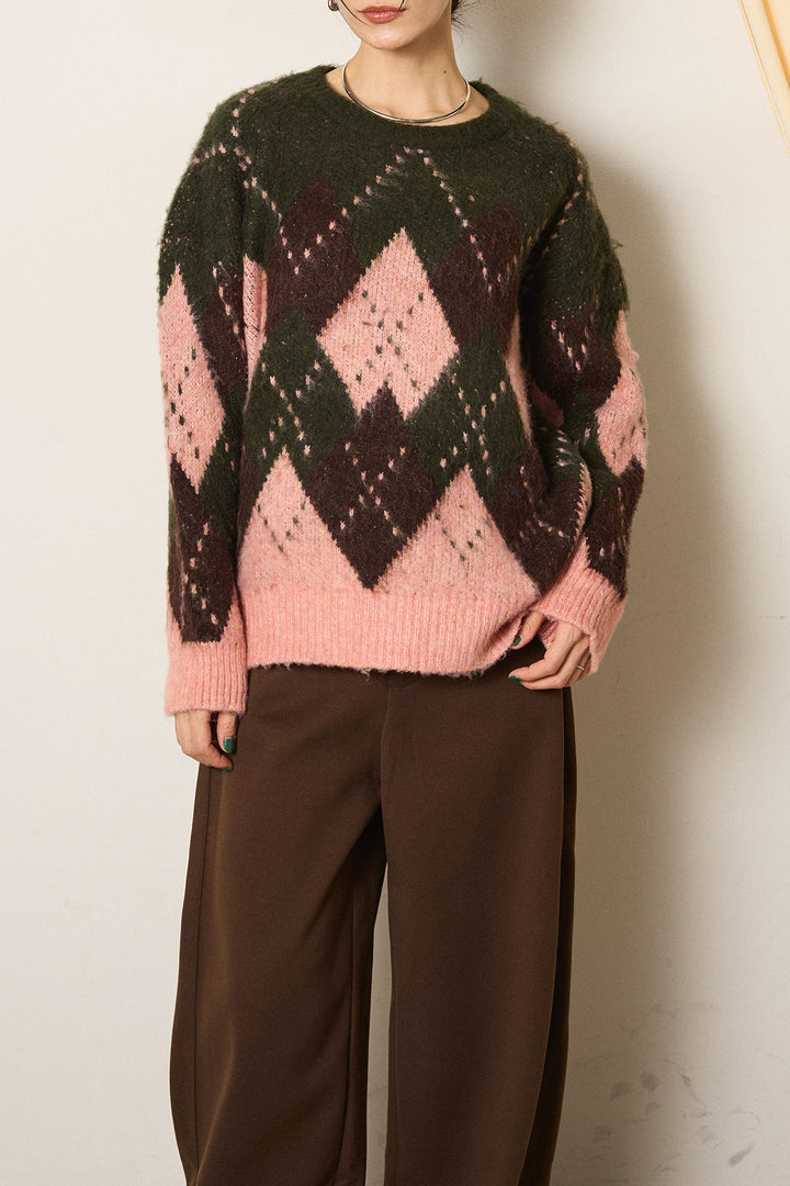 [SET]配色アーガイル柄ニットトップス+ベルト付きコーデュロイワイドパンツ(2set)