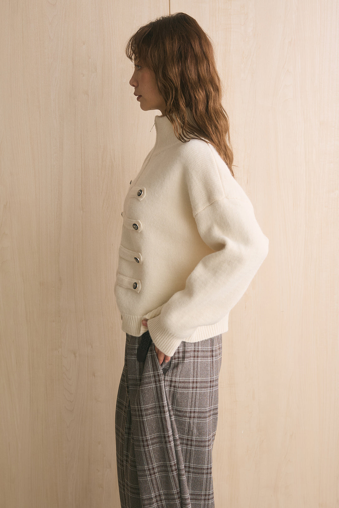 【着回しセット】[SET]ナポレオンボタンハイネックニットブルゾン+スタッズ付きニーサイドタックスウェットパンツ+ゴールドバックルベルト付きタックワイドパンツ(3set)