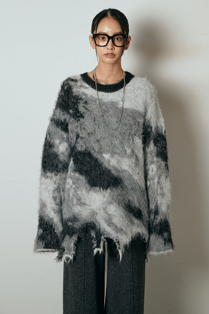 [SET]起毛裾デザインニュアンス柄ニットトップス+エコスウェードワイドスカート(2set)