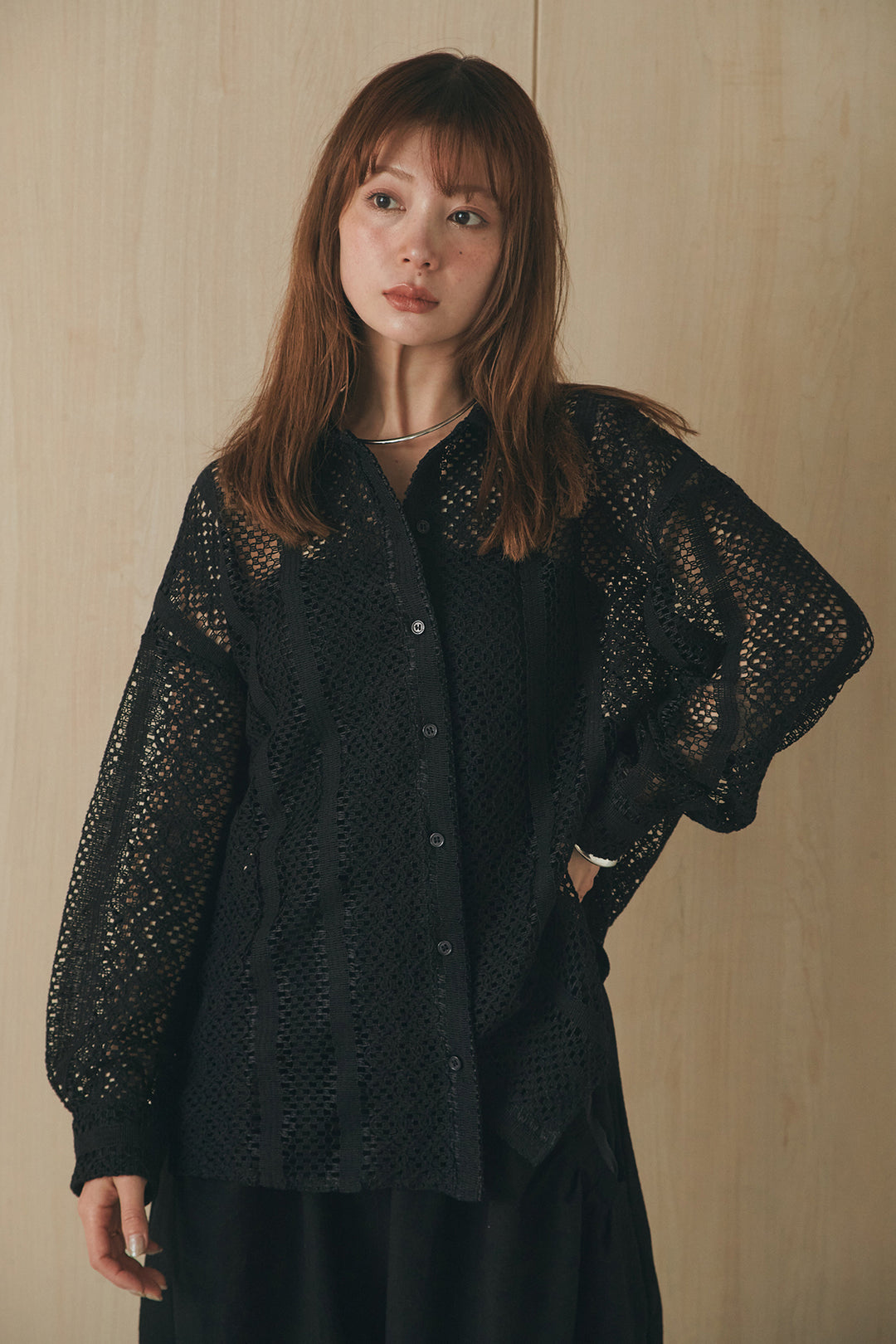 [SET]長袖襟付きレースシャツ+ドロストサイドラインデニムパンツ(2set)