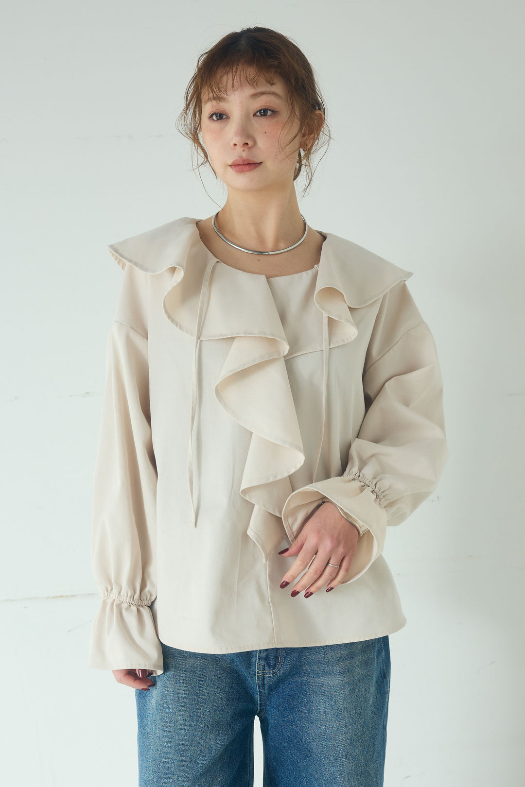 [SET]リネンライクテーラードジャケット+デニムフリルブラウス(2set)