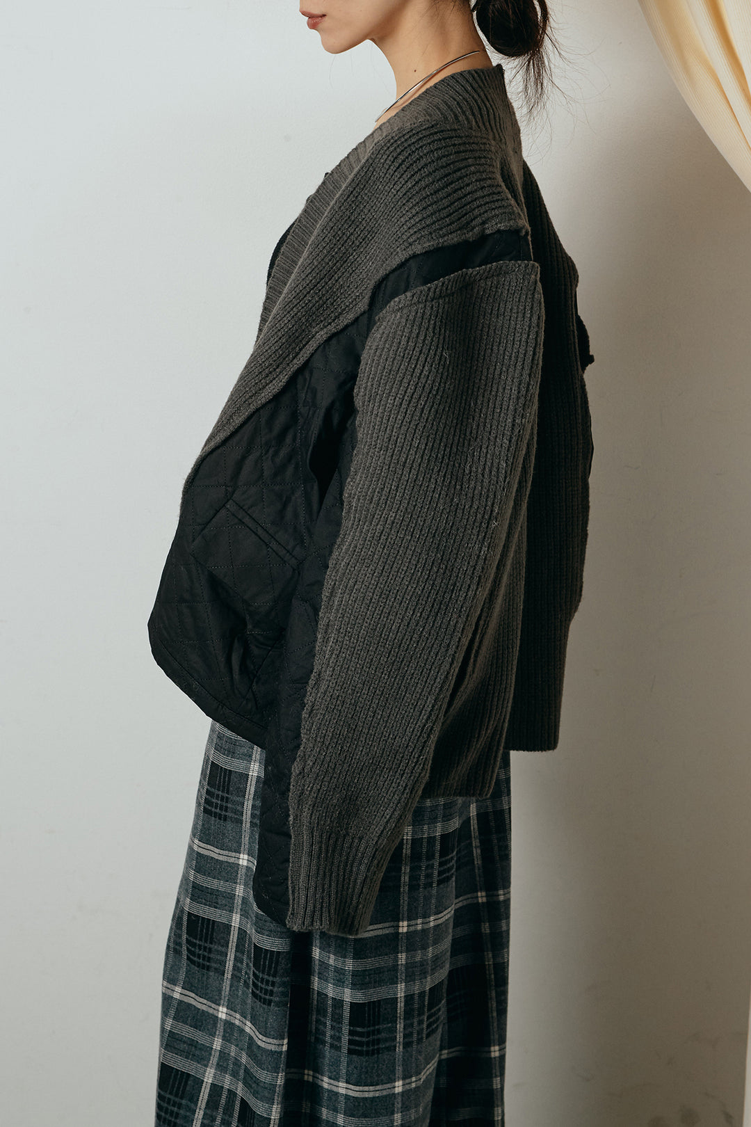 キルティング切り替えニットカーディガン