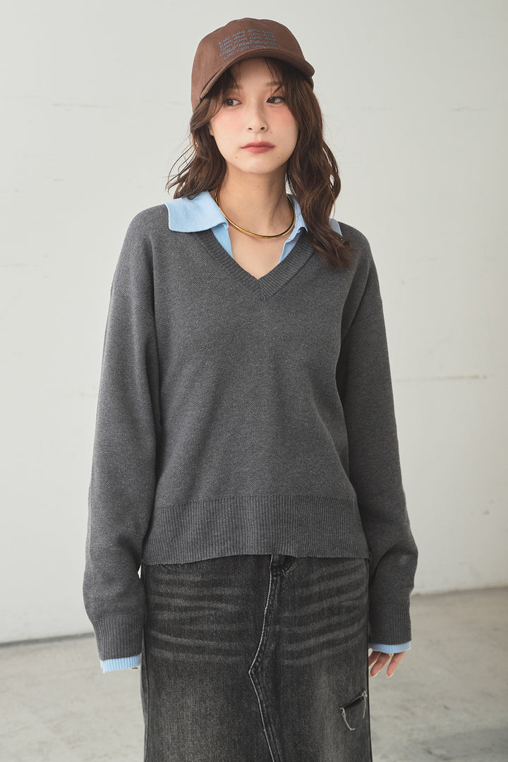 [SET]バイカラーニットレイヤード風プルオーバー+サイドベルトタック入りスラックス(2set)