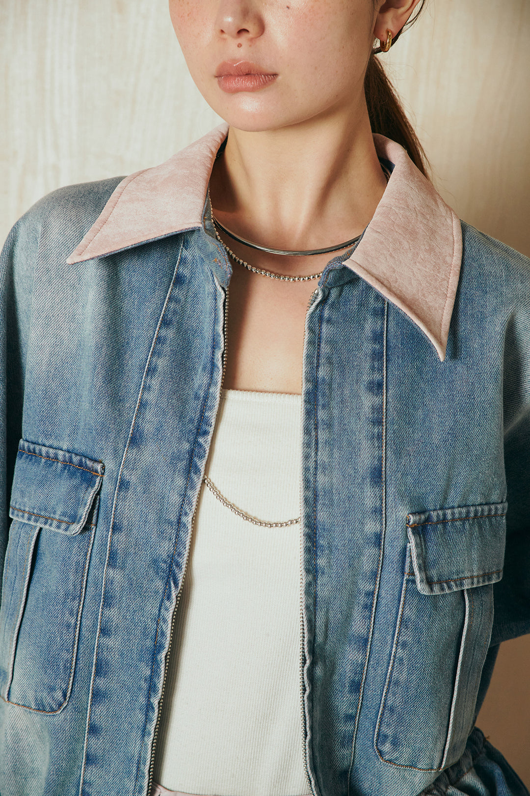 [SET]襟付き配色デニムブルゾン+ビックベルトループタックベルト付きワイドパンツ(2set)