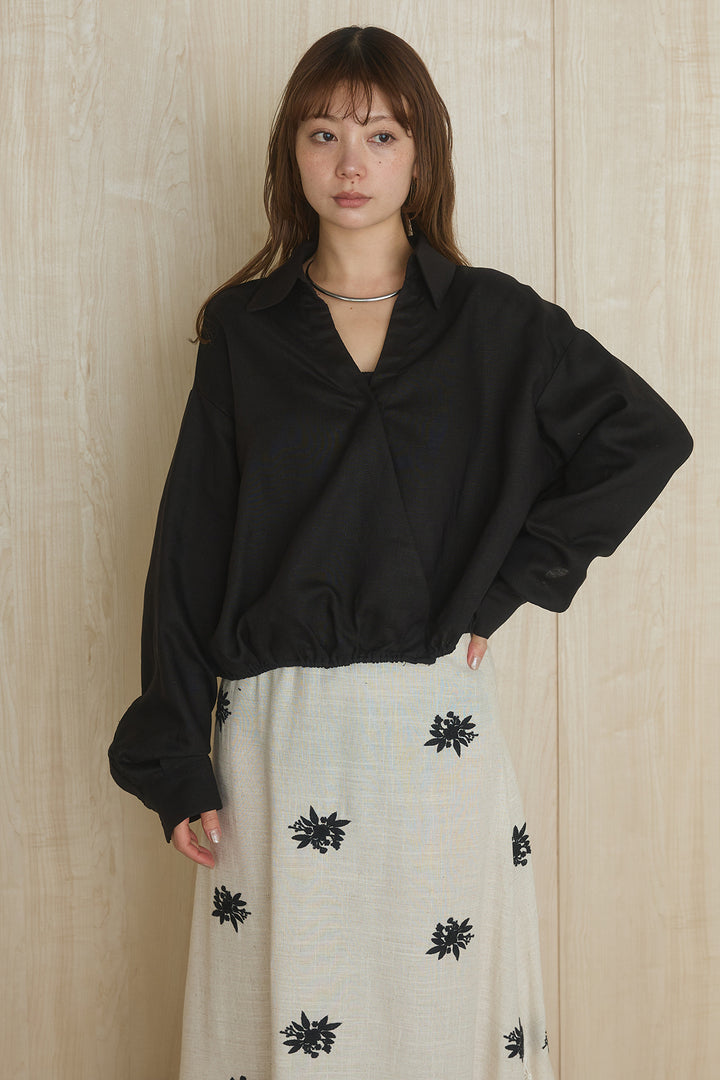 [SET]麻混襟付きトップス+レースコンビフラワー刺繍柄スカート(2set)