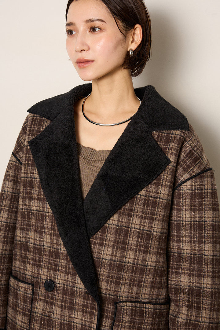 [SET]裏地ボアタータンチェック柄ミディアムコート+裏起毛スウェットワイドパンツ(2set)