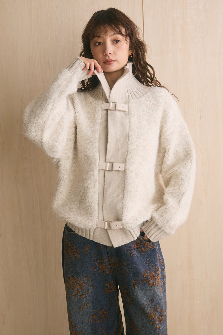 [SET]ブークレーハイネックニットジャケット+フラワーモチーフ刺繍カーブデニム(2set)