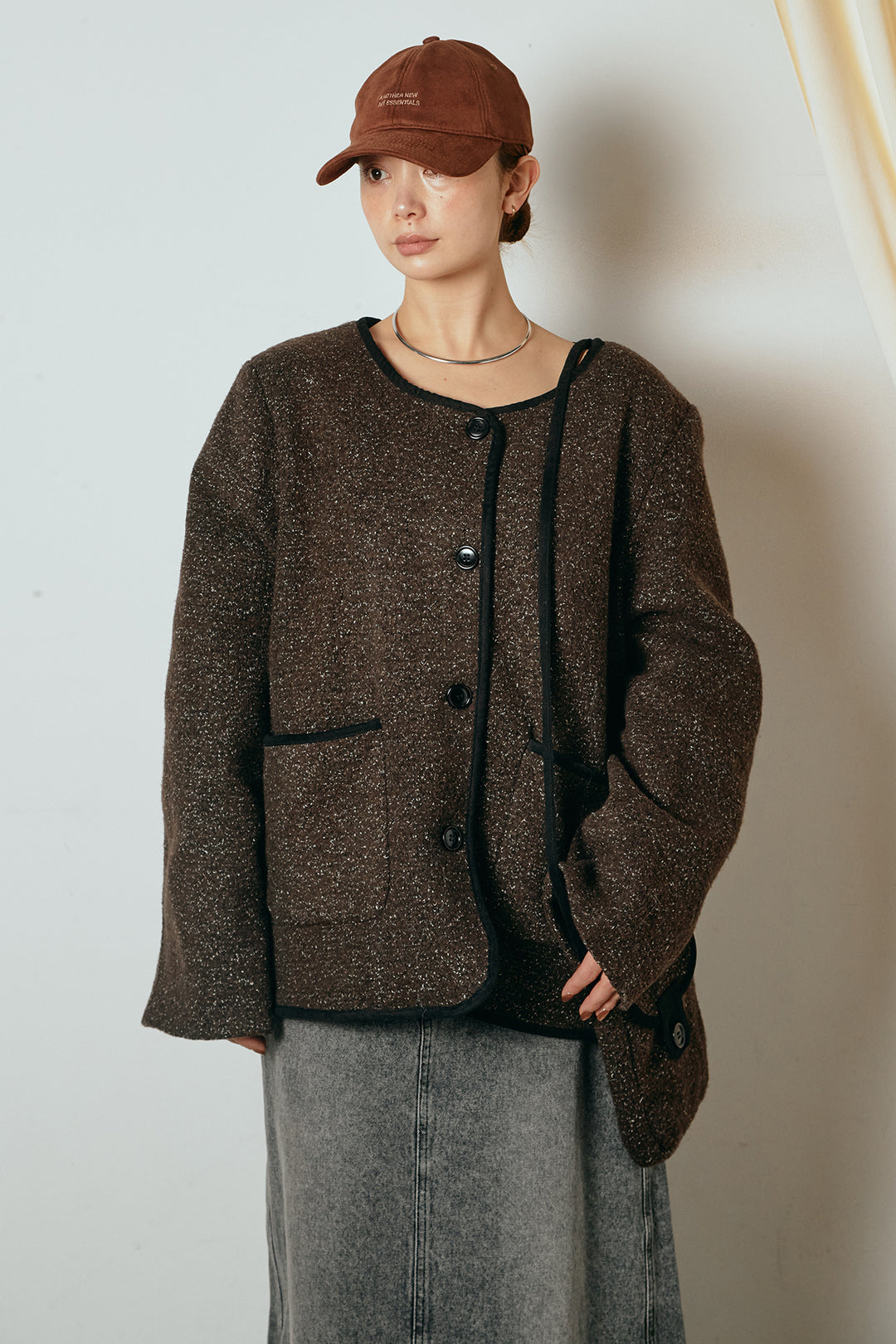 [SET]ノーカラーマフラーバッグ付きアウター+裏起毛スウェットワイドパンツ(2set)