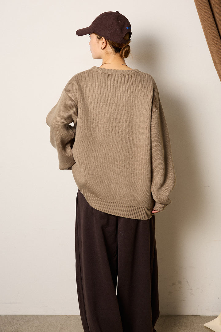 [SET]アニマルジャガード柄ニットトップス+巻ベルトウエストレザーライクワイドパンツ(2set)