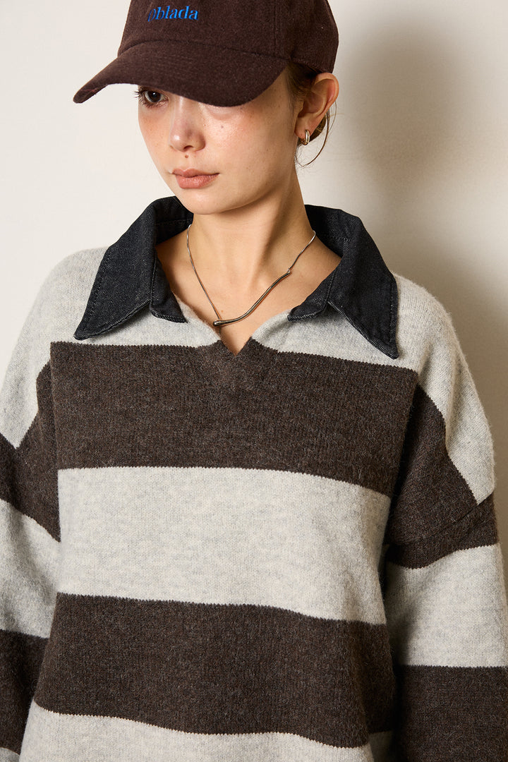 [SET]デニムカラーボーダールーズニット+ゴールドバックル太ベルト付きワイドパンツ(2set)