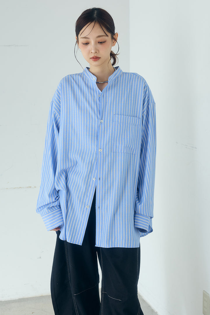 [SET]レーヨンストライプスカーフ+ツイル配色ステッチバレルパンツ+レーヨンストライプバンドカラー長袖シャツ(3set)