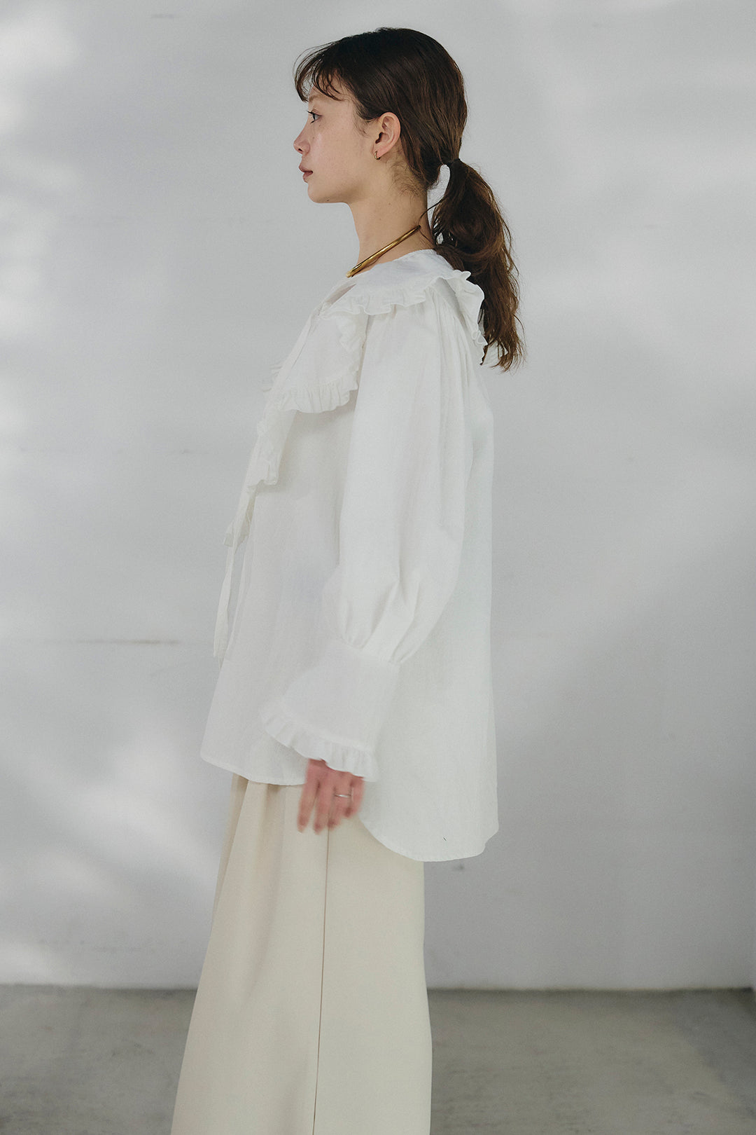 [SET]コットンフリルブラウス+デニムサロペットワイドパンツ(2set)