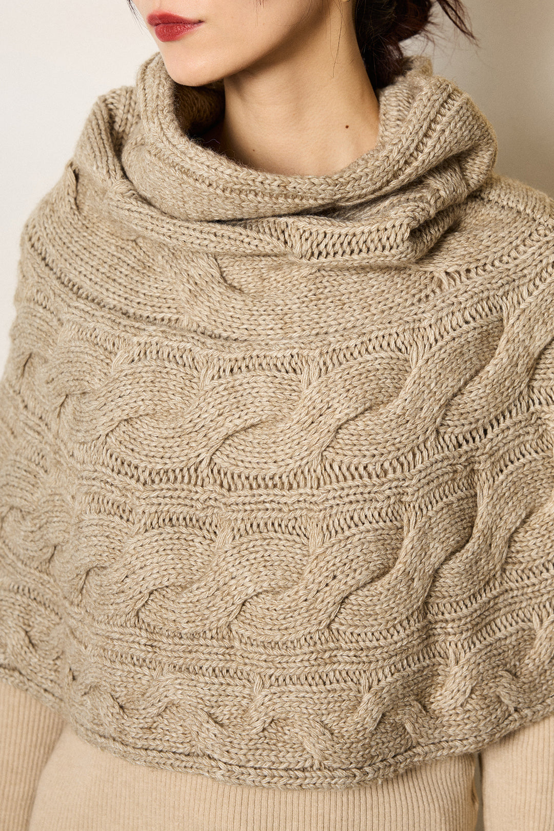 [SET]ケーブル編みケープレイヤードニット+サイドベルトパンツ(2set)