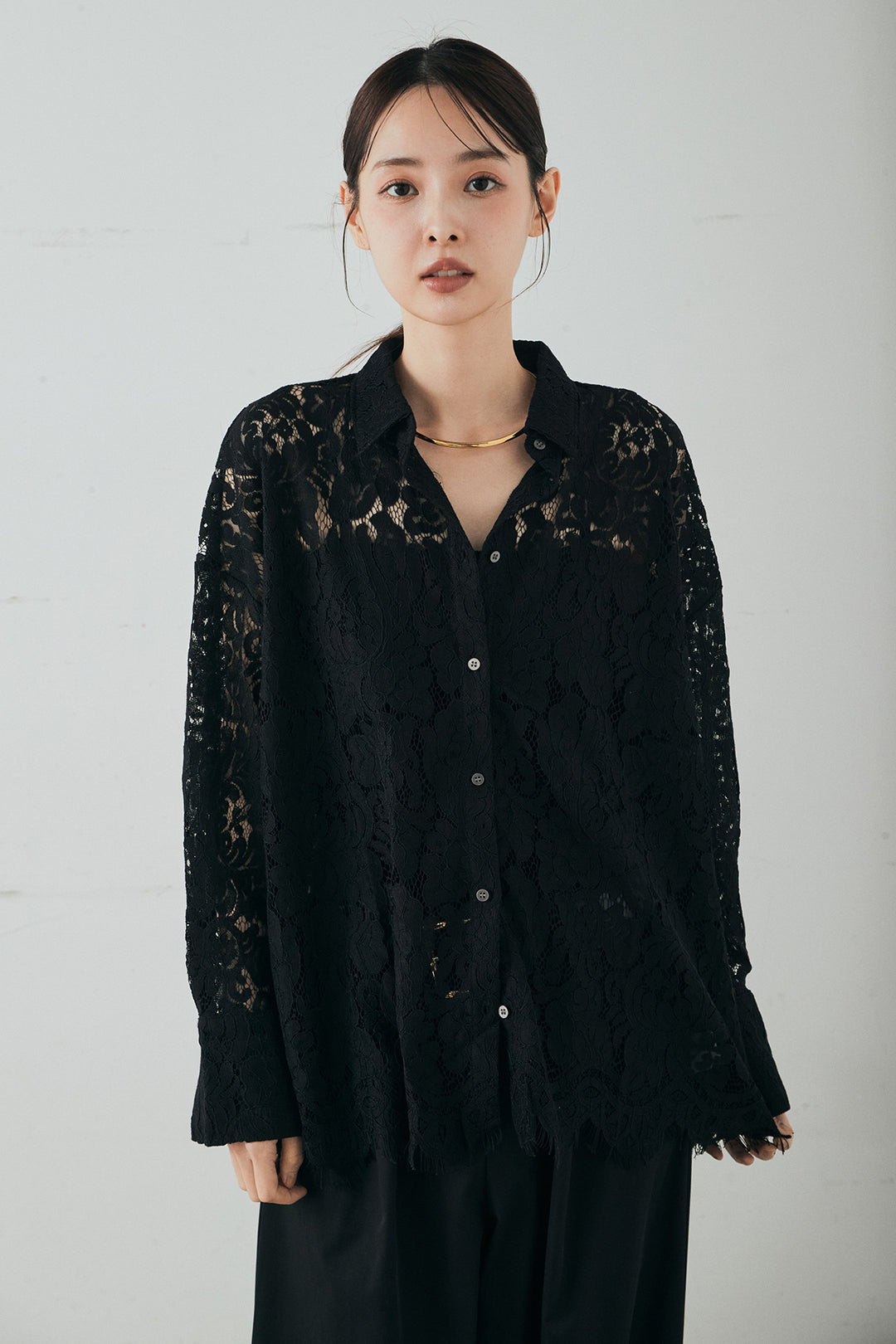 [SET]レース裾スカラップシャツ+ベルトループデザインハイウエストタックパンツ(2set)