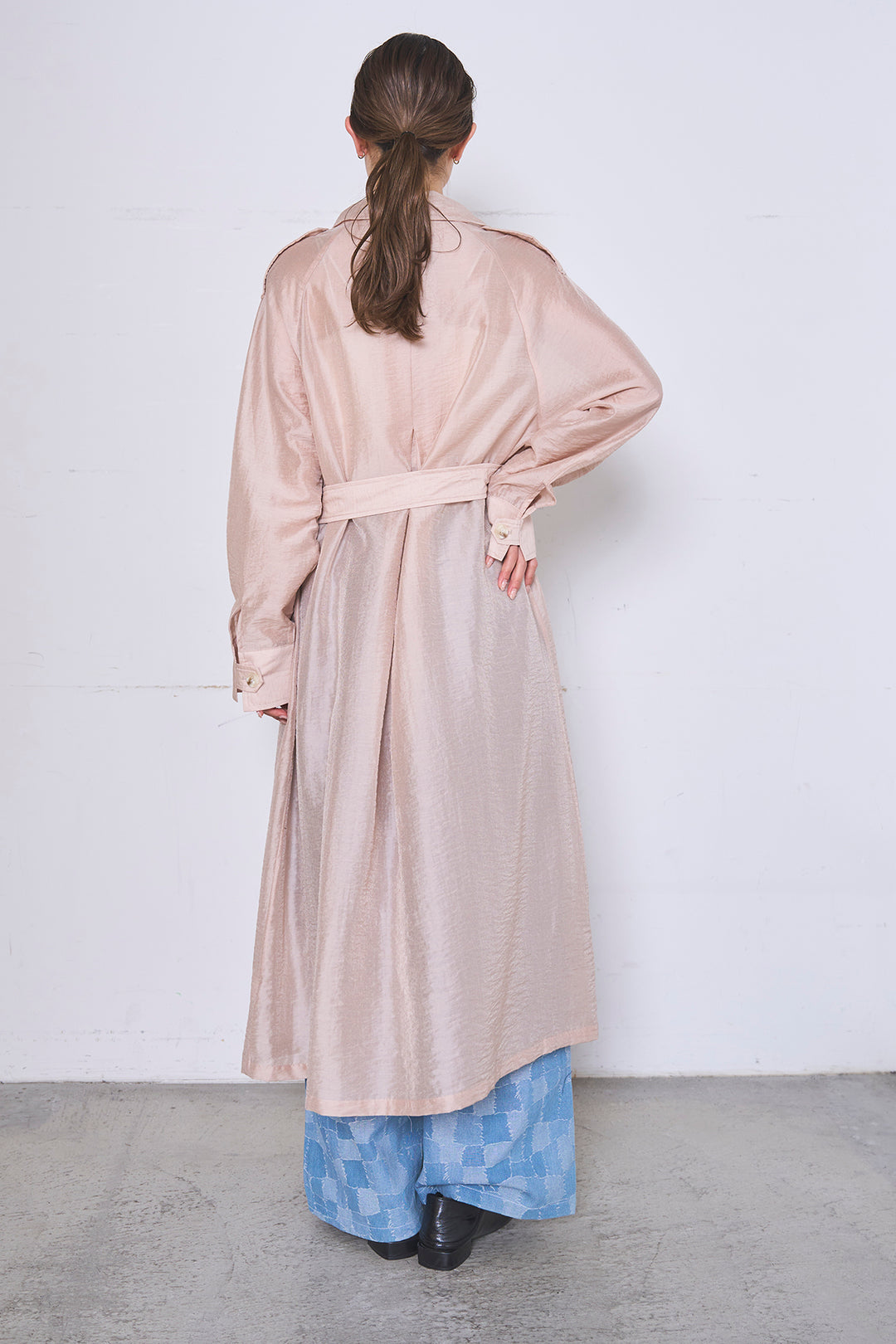 [SET]ロングシアーアウター+パッチワーク風デニムワイドパンツ(2set)