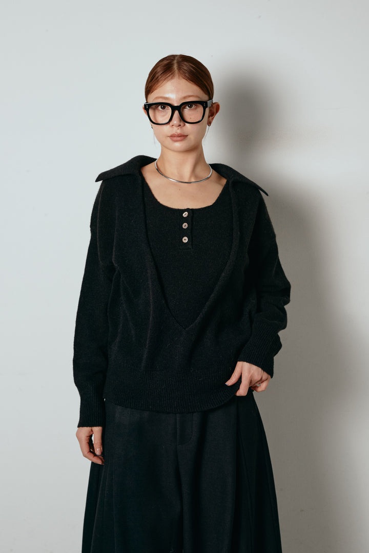 [SET]襟付きレイヤードニットトップス+ポーチベルト付きカーブパンツ(2set)