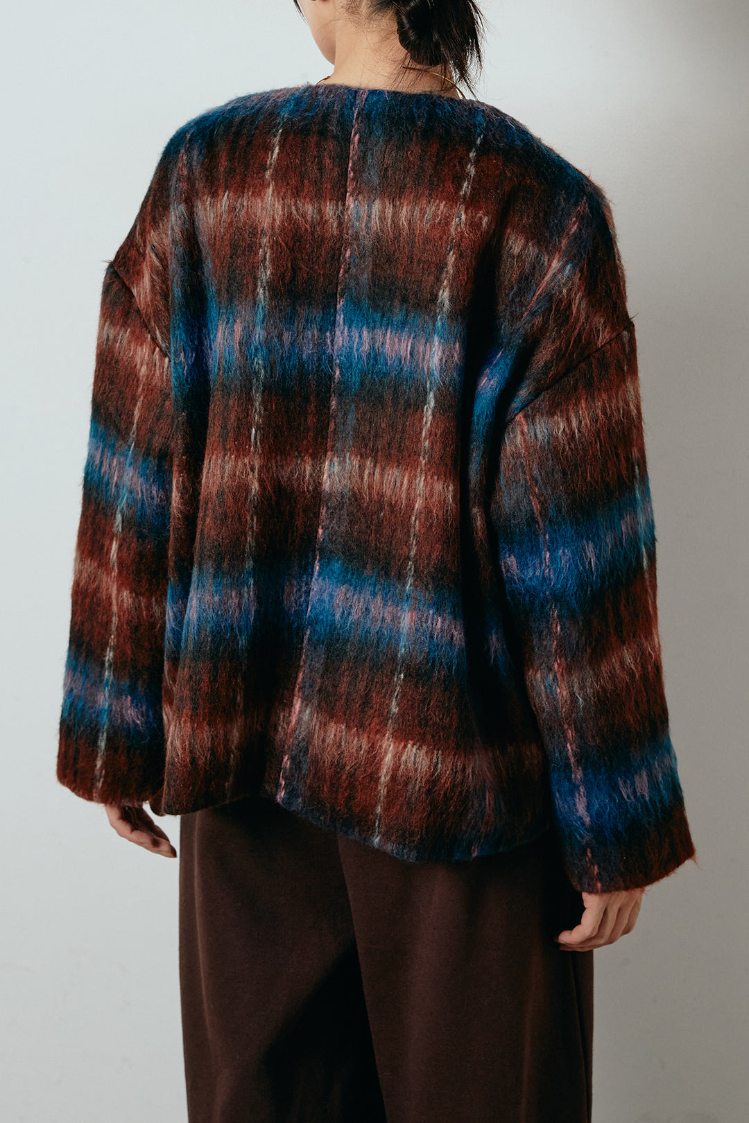 ノーカラーシャギーチェックアウター