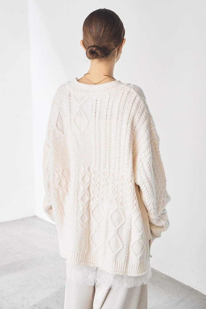 [SET]ケーブルVニットセーター+サテンタックワイドパンツ(2set)