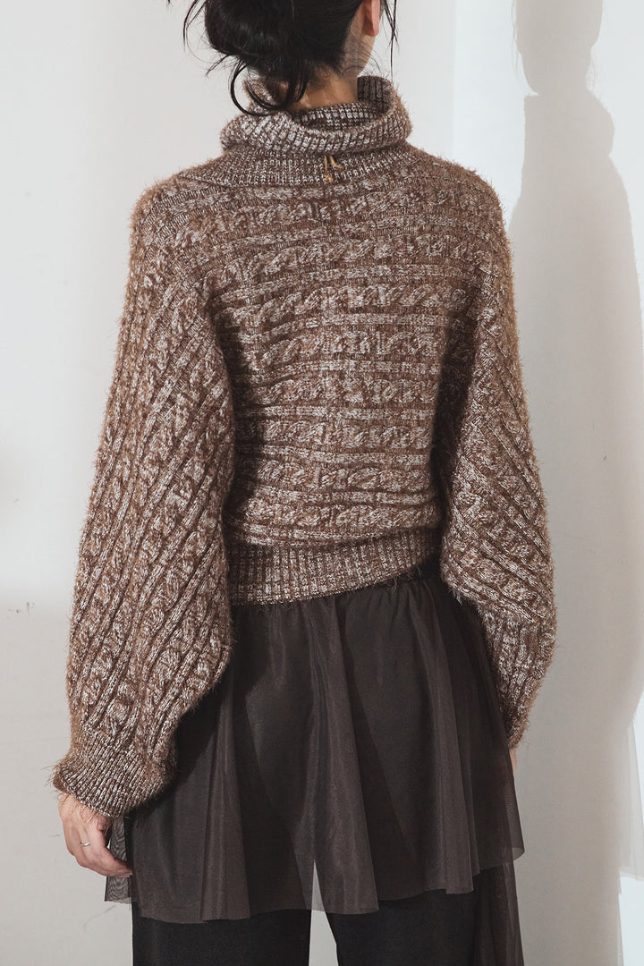 [SET]ミックス編みドルマンニットトップス+チュールレイヤードニットパンツ(2set)