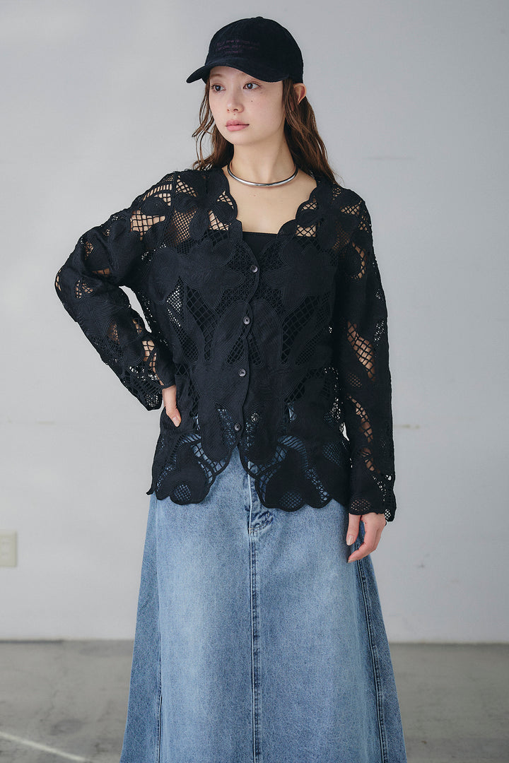 [SET]フラワー刺繍レースブラウス+デニムロングフレアスカート(2set)