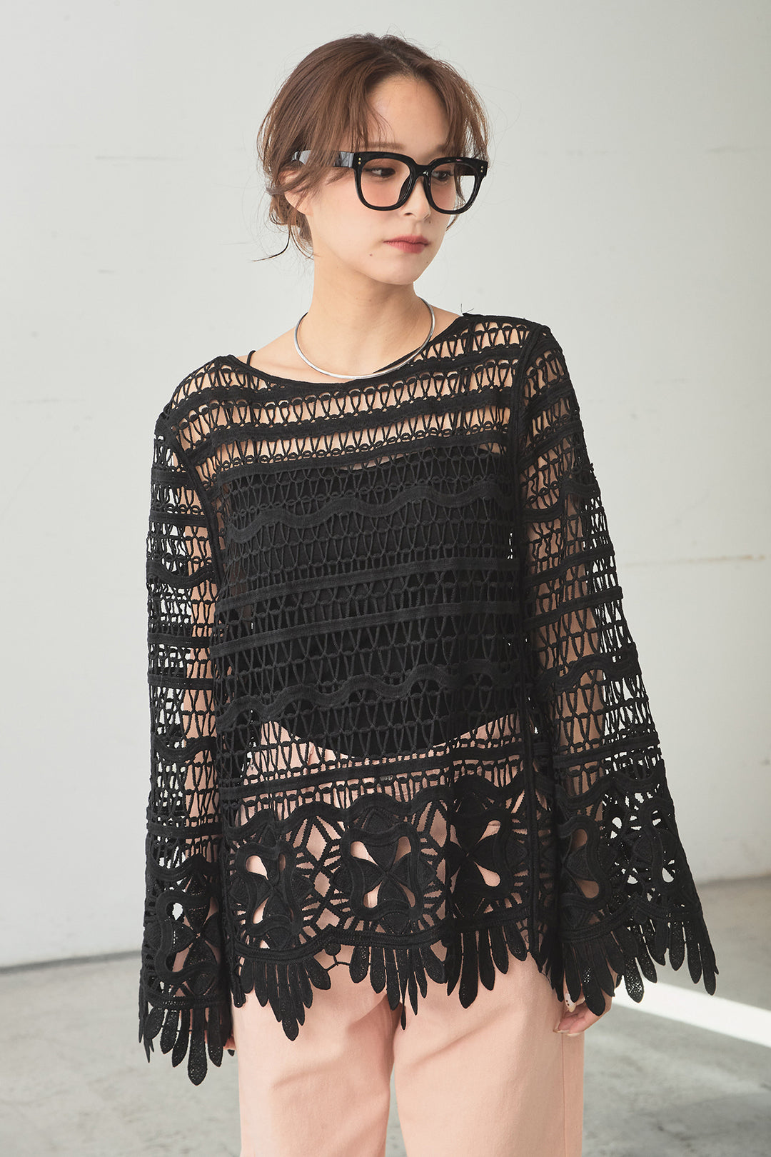 [SET]裾デザインメッシュプルオーバー+スプリングカラーデニムパンツ(2set)