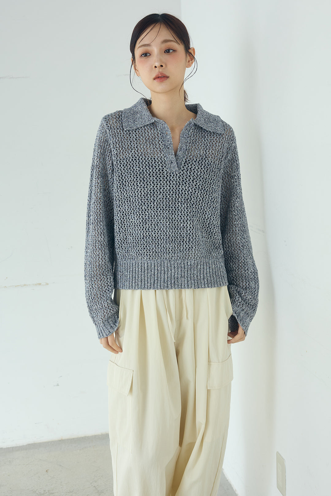 [SET]ミックスメッシュポロニット+麻混タックワイドパンツ(2set)