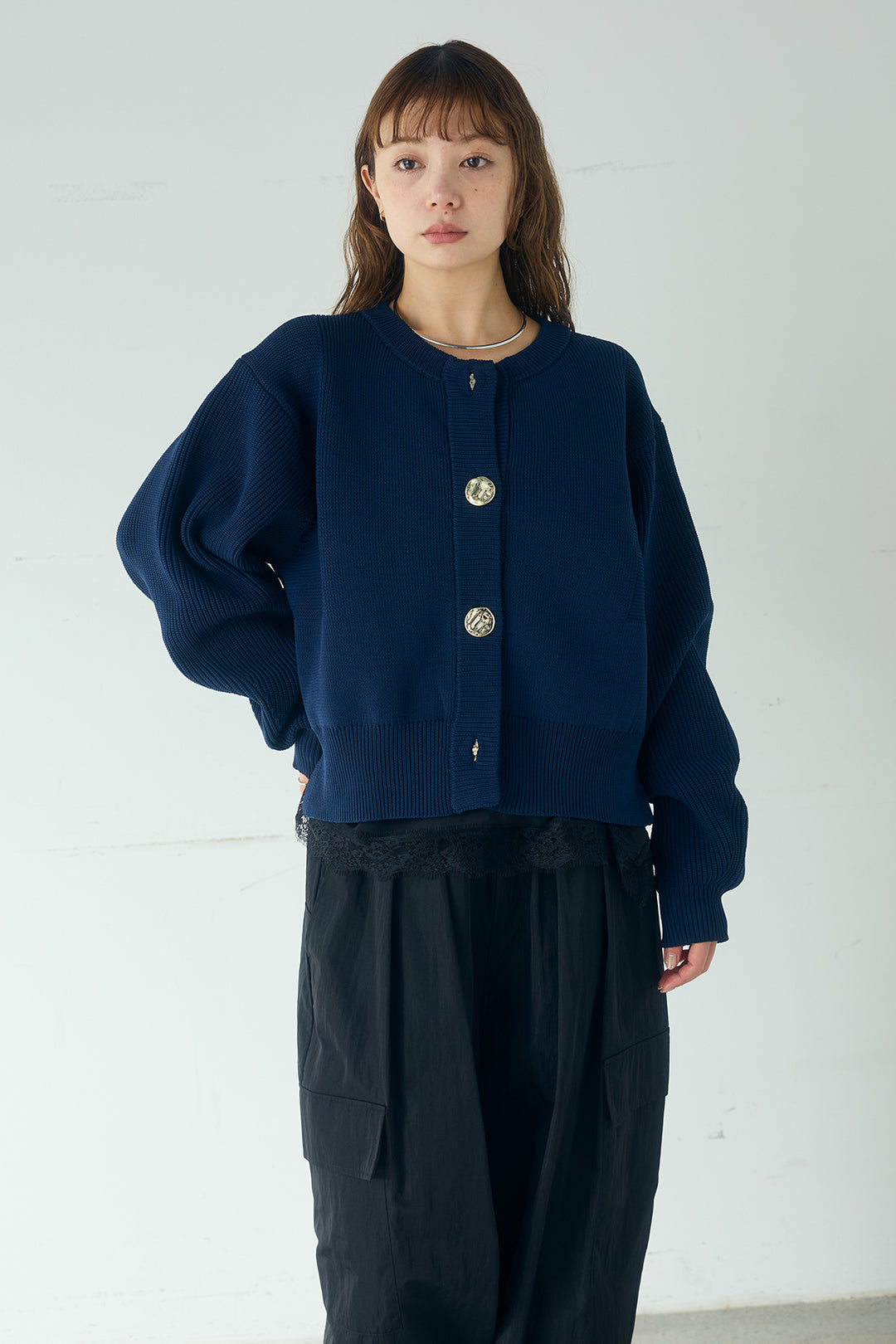 [SET]スポンディッシュBIGボタンクルーネックカーディガン+ランダムストライプタックギャザーパンツ(2set)