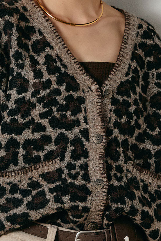 [SET]ステッチデザインレオパードニットカーディガン+リブニットフレアスカート(2set)