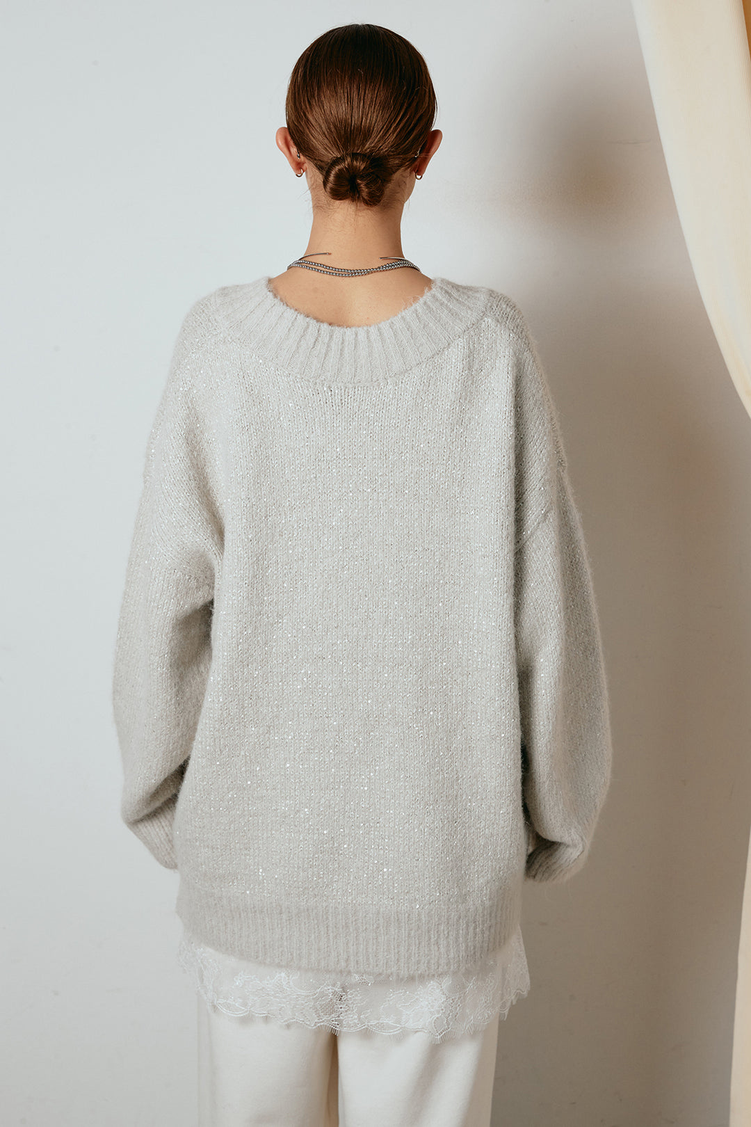 [SET]Vネックルーズラメニットトップス+裏起毛スウェットワイドパンツ+レース切り替えキャミソール(3set)