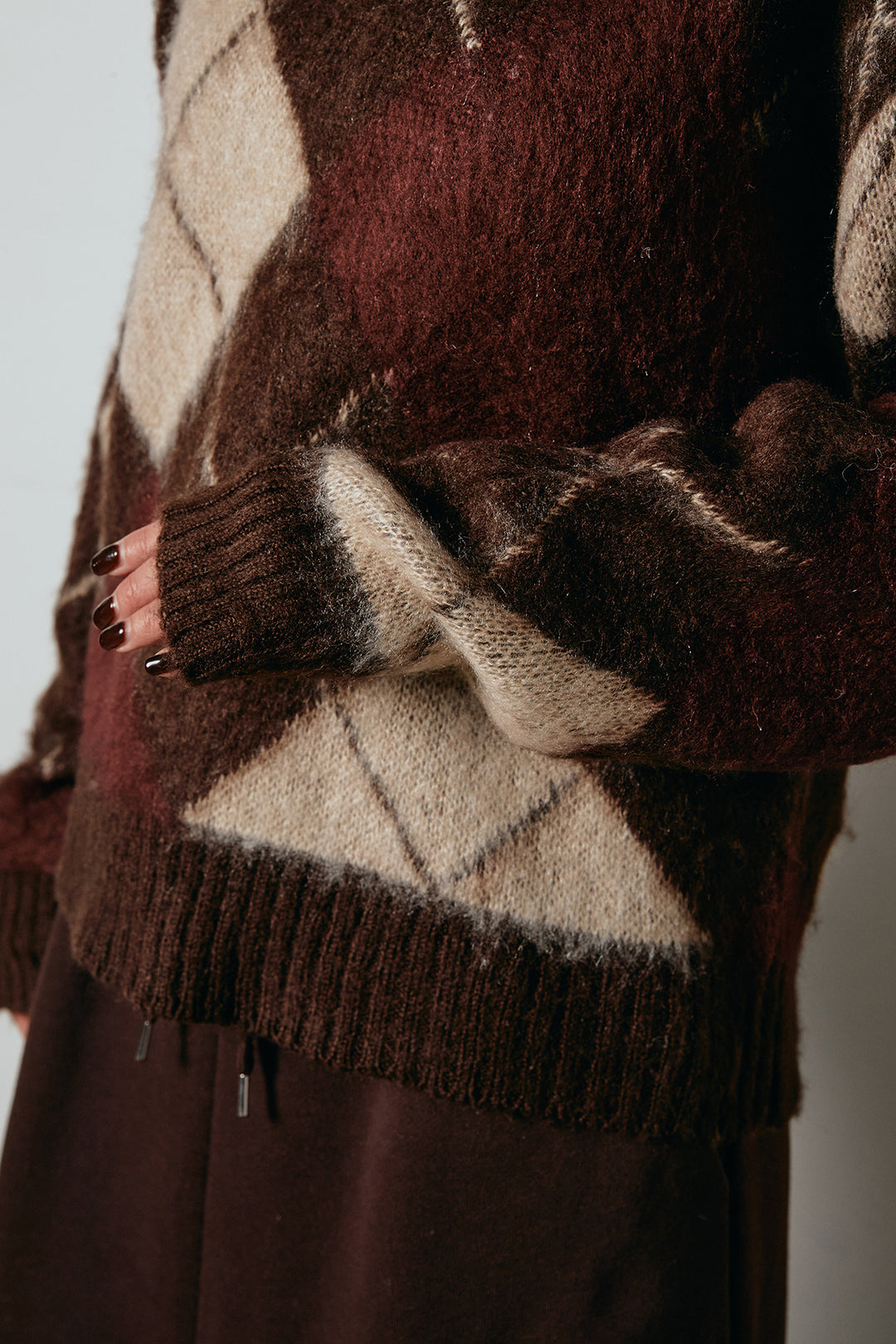 [SET]アクリルモヘアアーガイルVネックプルオーバー+太ベルト付きタックデザインワイドパンツ(2set)