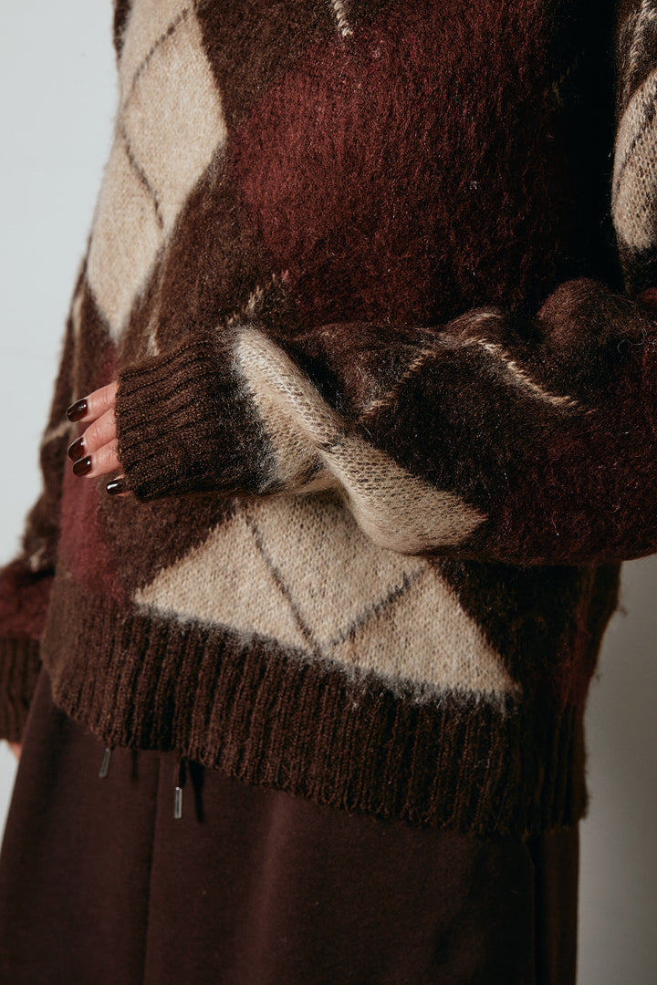 [SET]アクリルモヘアアーガイルVネックプルオーバー+太ベルト付きタックデザインワイドパンツ(2set)