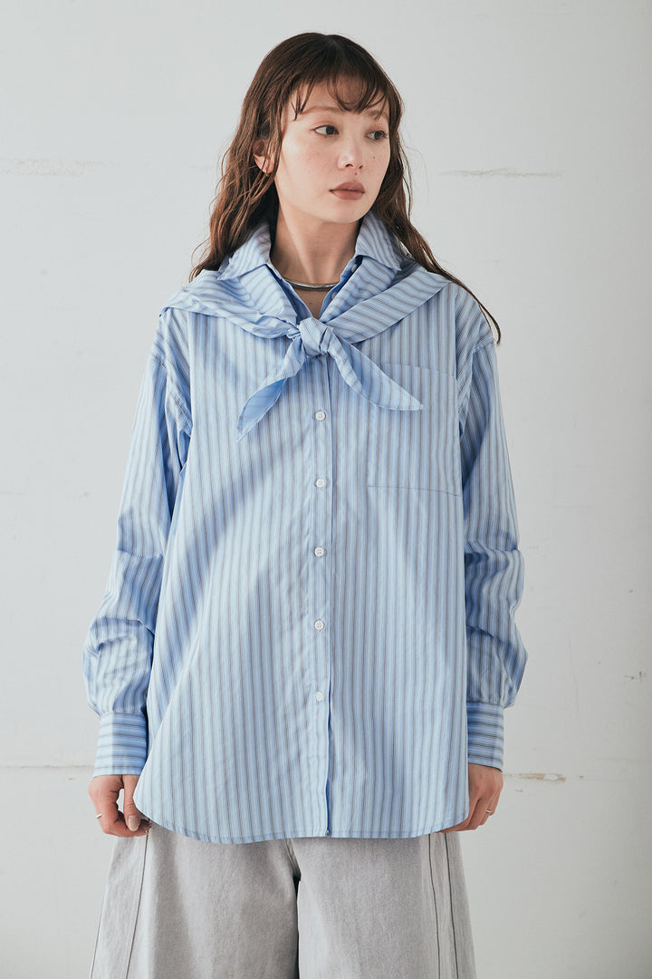 [SET]ランダムストライプスカーフ付きシャツ+デニムハーフパンツ(2set)