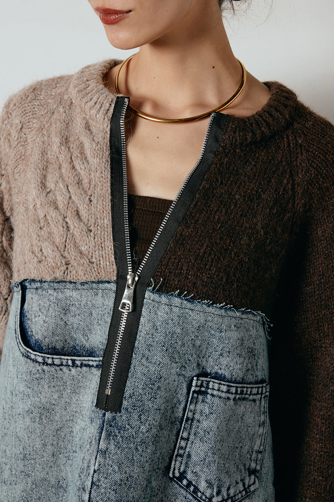 [SET]ハーフジップニットデニムドッキングトップス+裏起毛スウェットワイドパンツ(2set)