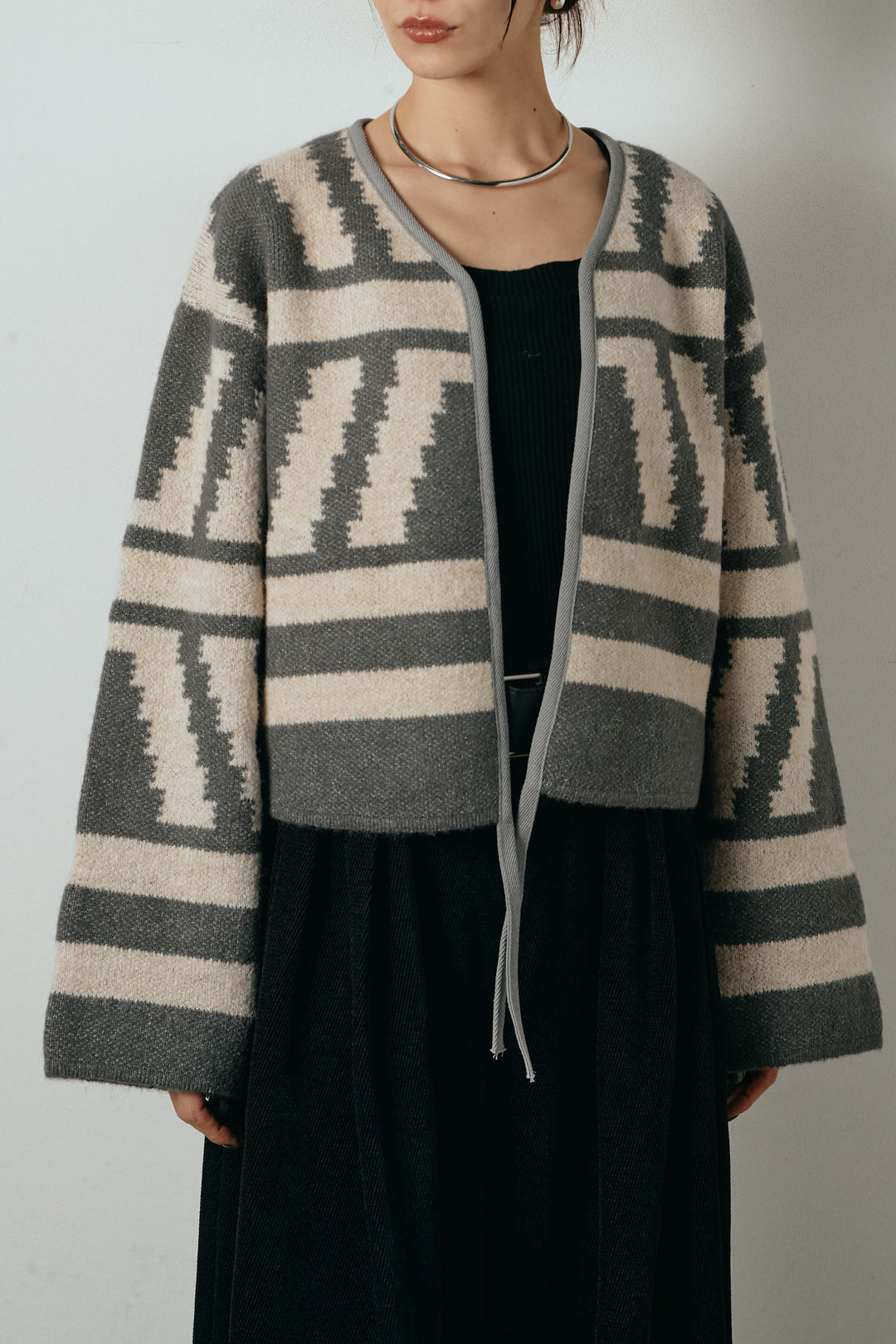 [SET]ノーカラー幾何学模様アウター+ベルトループコーデュロイワイドパンツ(2set)