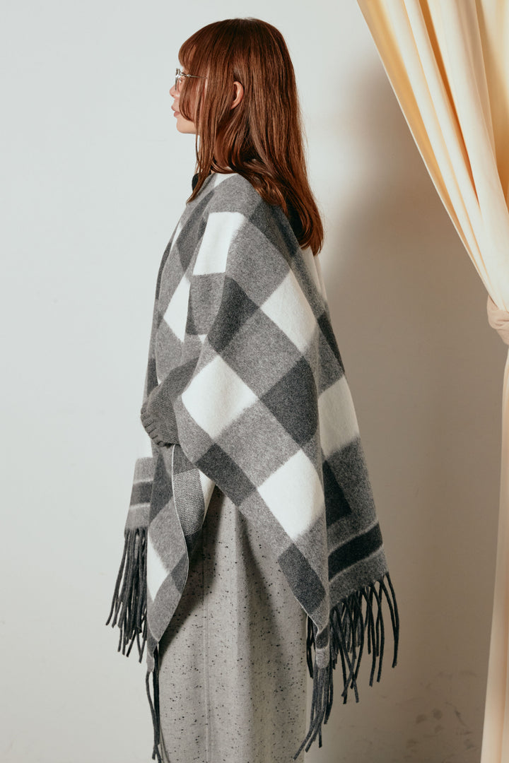 [SET]裾フリンジ柄ポンチョアウター+ノースリーブニットロングワンピース(2set)