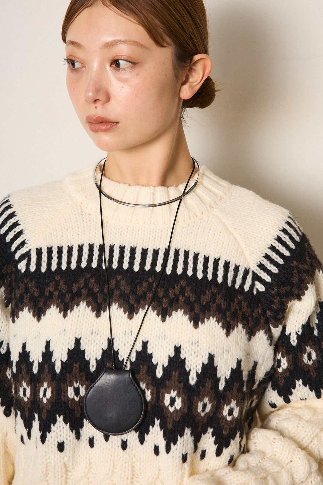 [SET]2WAY求心柄ジャガードショートカーディガン+起毛タック入りツイードワイドパンツ+2WAY袖コード刺繍クルーネックプルオーバー(3set)