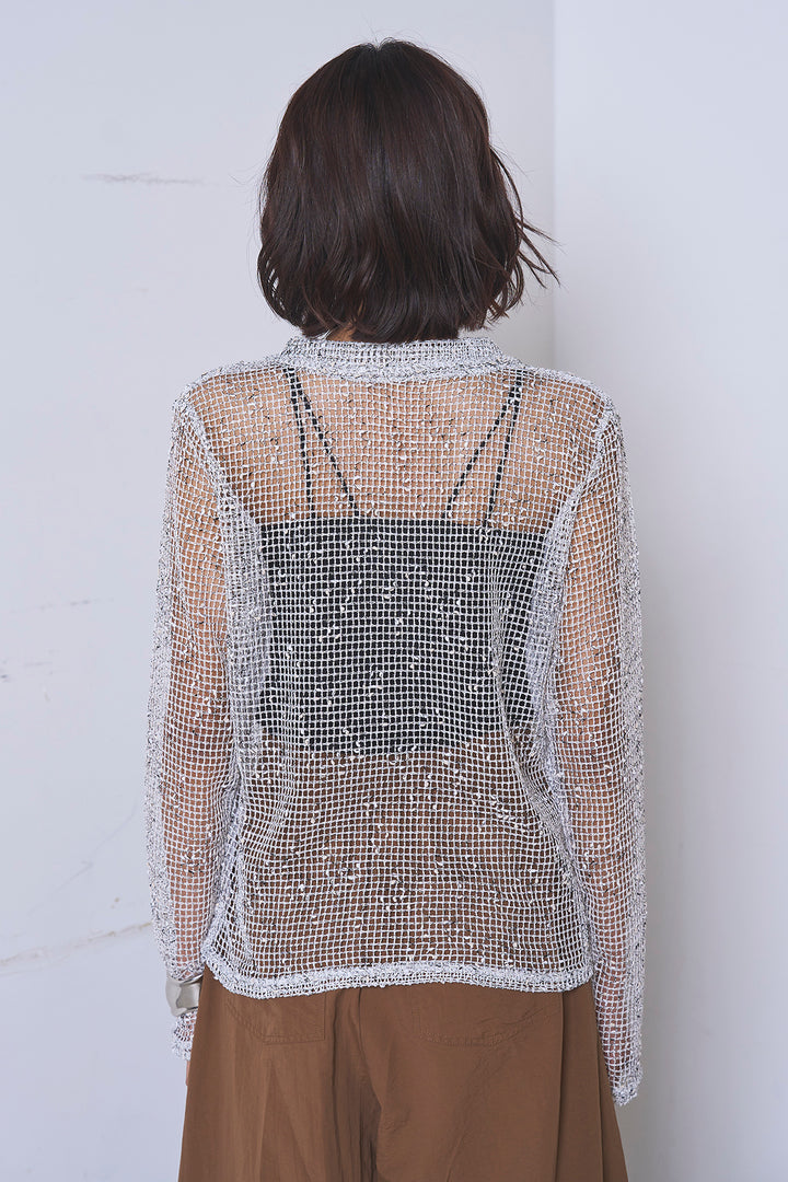 [SET]ネップメッシュポロ襟カーディガン+紐ベルト付きカーブワイドパンツ(2set)