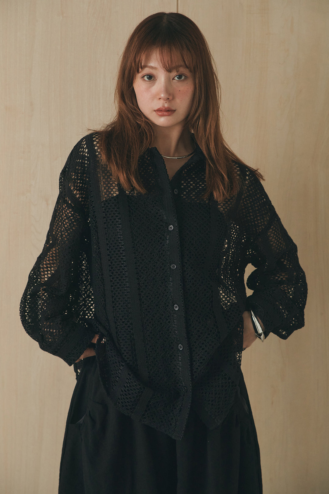 [SET]長袖襟付きレースシャツ+ポケットタックフォルムパンツ(2set)