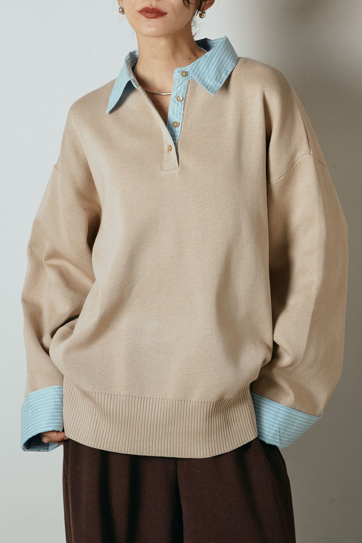 [SET]ストライプシャツドッキングポロトップス+デニムロングフレアスカート(2set)