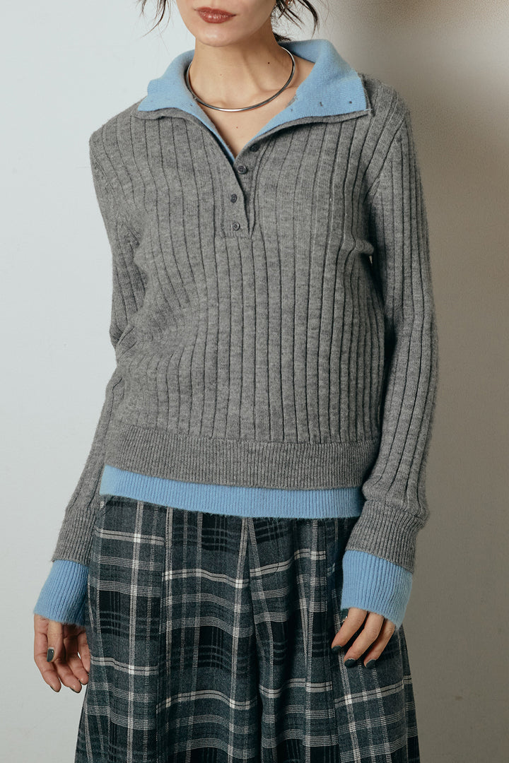 [SET]レイヤード風リブニットトップス+太ベルト付きヘリンボーンプリーツスカート(2set)