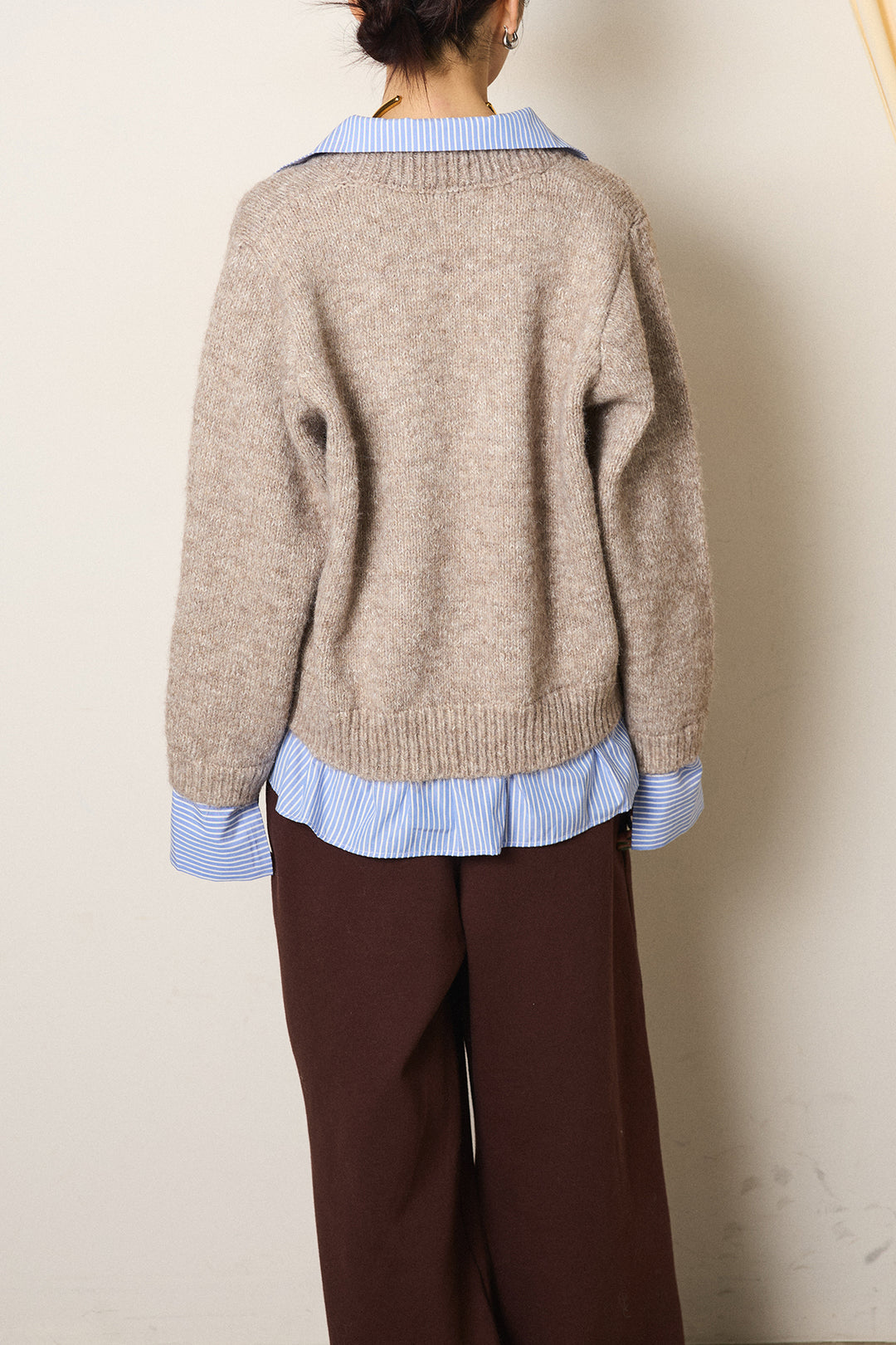 [SET]ストライプシャツドッキングニットポロトップス+デニムロングフレアスカート(2set)