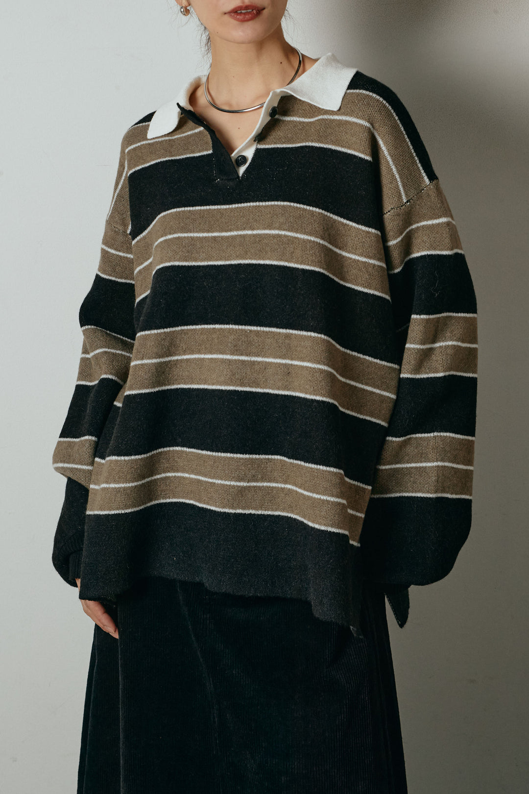 [SET]ラガーニットボーダーポロプルオーバー+ポーチベルト付きコーデュロイワイドスカート(2set)