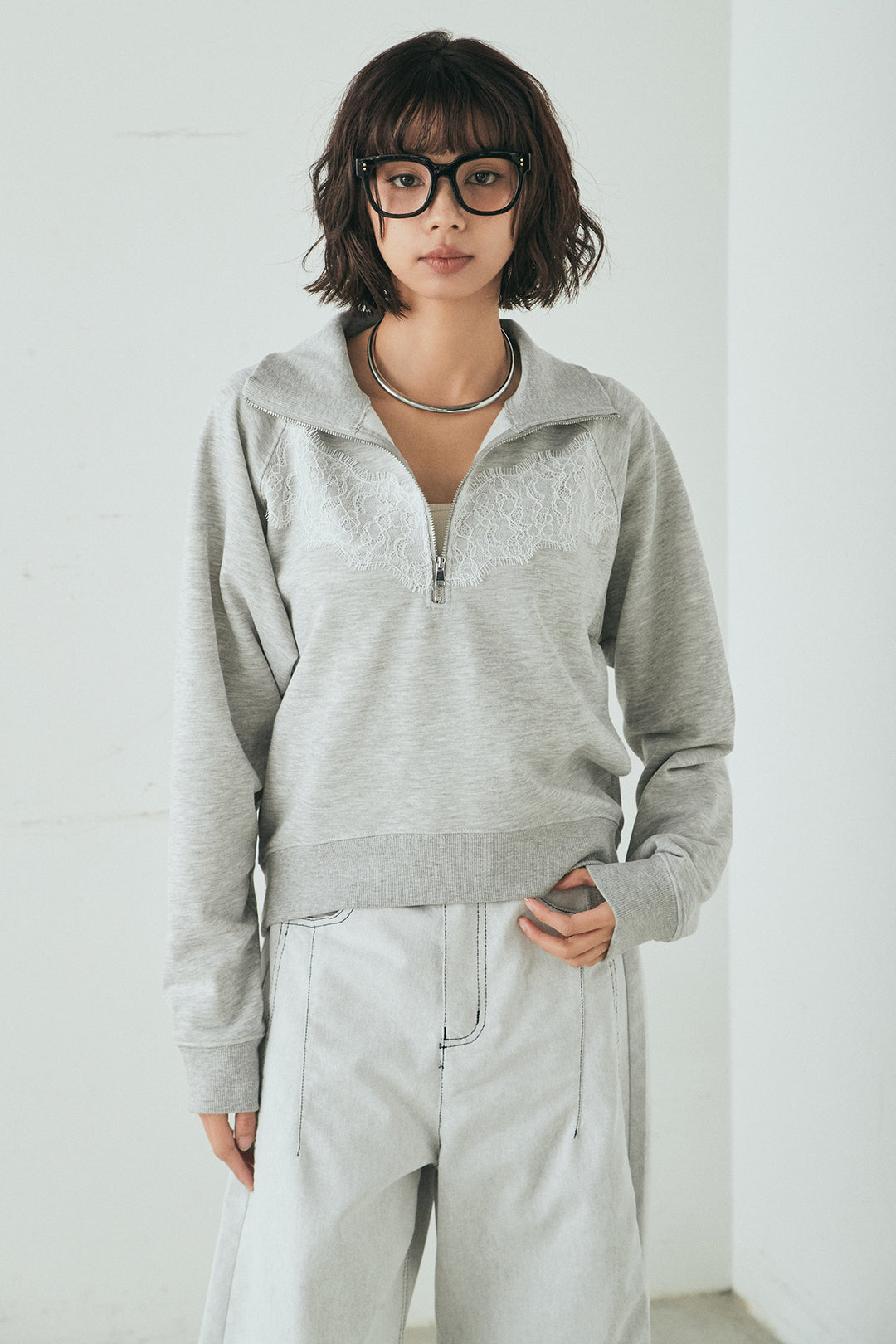 [SET]リバーレースハーフジップ裏毛スウェット+ベルト付きタックデザインハイウエストロングパンツ(2set)