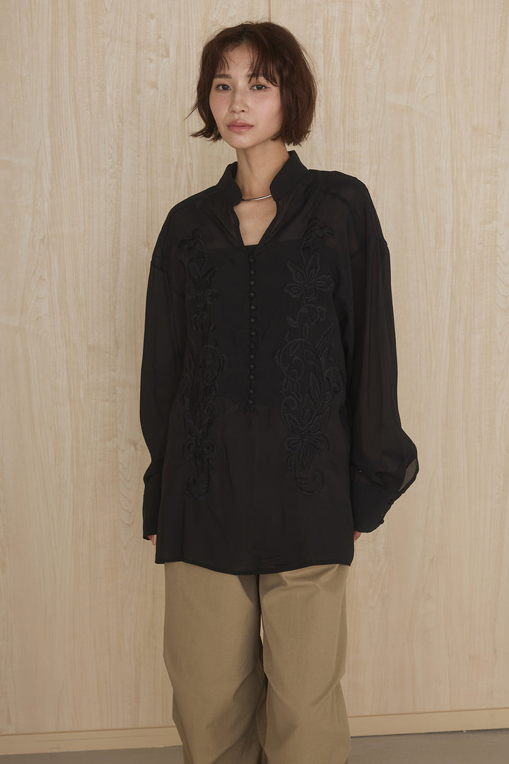 [SET]フロントボタンニュアンス柄ブラウス+ニーサイドタックウエストドロストパンツ(2set)