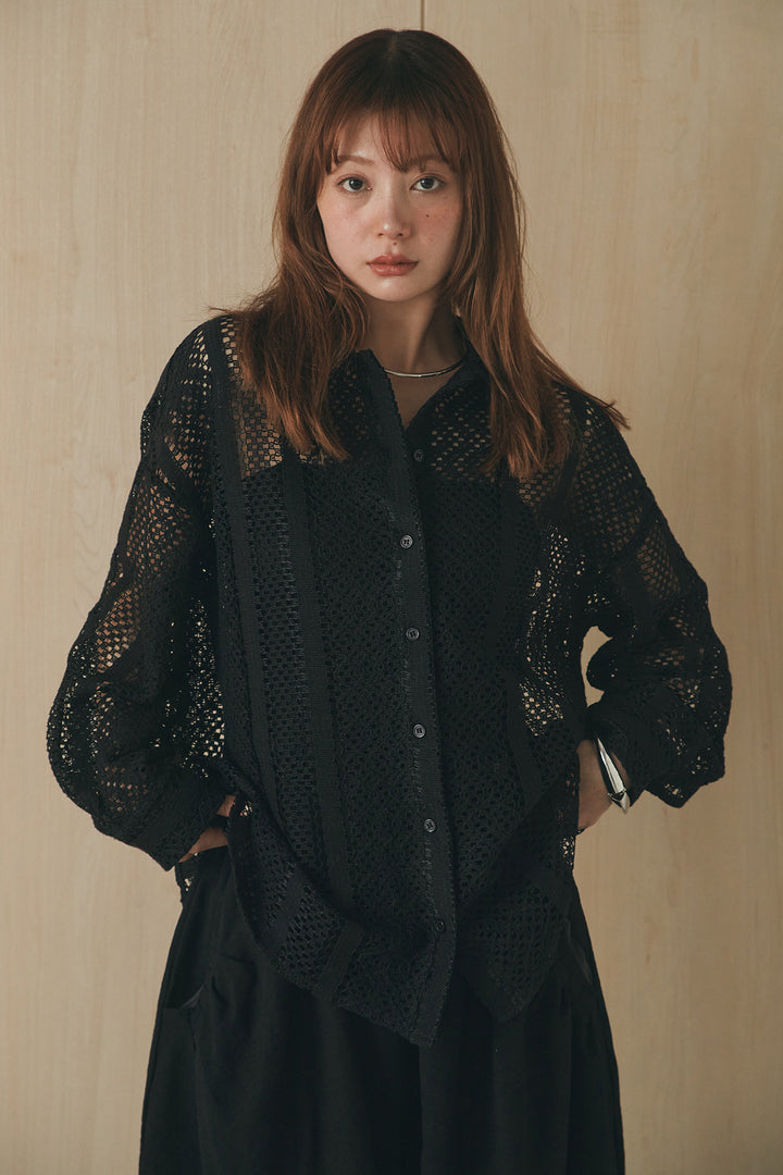 [SET]長袖襟付きレースシャツ+ドロストサイドラインデニムパンツ(2set)